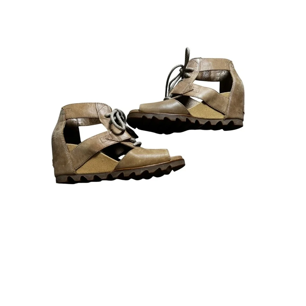 Sorel Joanie Lace Wedge Sandals Womens 9 Ash Brown‎ Excellent Leather NL2453-220